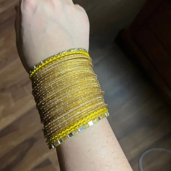 Gold and Yellow glitter Mirror Work Bangles Festive Indian Jewelry haldi - Picture 16 of 16